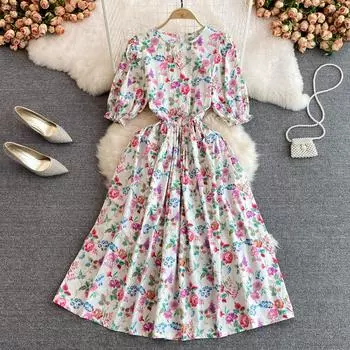 RUGOD 2022 летнее французское платье Kikyo First Love Sweet средней длины с круглым вырезом и высокой талией с тонкими рукавами-пузырьками и цветочным принтом