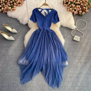 RUGOD 2022 летнее корейское модное платье с застежкой на талию, тонкое вязаное сетчатое платье с открытой спиной и v-образным вырезом, А-образной формы, нерегулярной формы