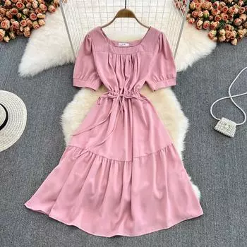 RUGOD 2022 летнее корейское платье с квадратным вырезом на талии, тонкое платье с пышными рукавами и колокольчиком, маленькое платье с галстуком One Size чёрный