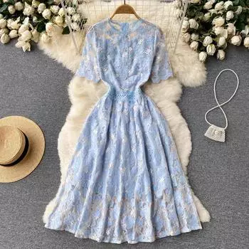 RUGOD 2022, летнее кружевное платье с вышивкой, милое темпераментное маленькое платье с короткими рукавами и цветочным принтом, шифоновое платье средней длины, платье трапециевидной формы