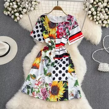 RUGOD 2022 летнее модное европейское и американское модное платье трапециевидной формы с круглым вырезом и талией для похудения, с короткими рукавами и принтом подсолнечника
