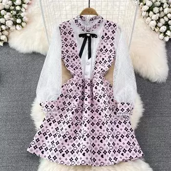 RUGOD 2022, летнее модное европейское модное свободное платье с длинными рукавами и кружевной строчкой в виде буквы «А»