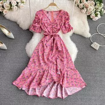 RUGOD 2022 летнее модное нежное ветровое платье трапециевидной формы с v-образным вырезом и короткими рукавами и талией, большое свободное платье с цветочным принтом