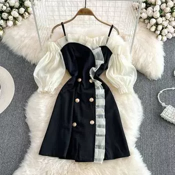 RUGOD Летнее модное сексуальное платье с открытыми плечами, контрастной отделкой, оборками, двубортное, облегающее платье А-силуэта с рукавами-фонариками S чёрный