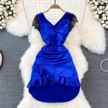 RUGOD 2022 летнее модное темпераментное платье знаменитостей с v-образным вырезом, атласное шелковистое кружевное платье с вышивкой «рыбий хвост» и полыми бедрами