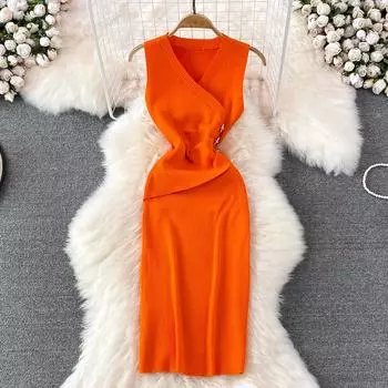 RUGOD 2022, летнее модное темпераментное трикотажное платье с v-образным вырезом, приталенное, плиссированное, средней длины, без рукавов, на бедрах