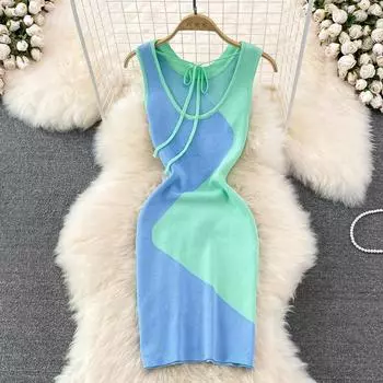 RUGOD 2022 летнее модное тонкое платье-жилет контрастного цвета с v-образным вырезом, облегающее и тонкое короткое вязаное платье без рукавов