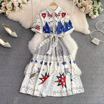 RUGOD 2022, летнее модное универсальное платье трапециевидной формы с коротким рукавом и тонкой талией, однобортное платье трапециевидной формы с большими отворотами