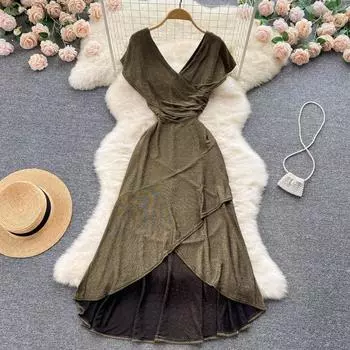 RUGOD 2022, летнее новое элегантное французское ретро-платье с v-образным вырезом, сексуальное тонкое платье с нерегулярной талией, длинное платье с рыбьим хвостом