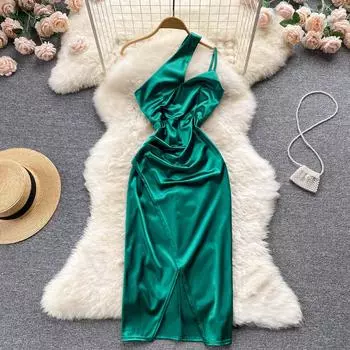 RUGOD 2022, летнее новое атласное темпераментное элегантное женственное тонкое платье средней длины с наклонными плечами и нестандартной формы