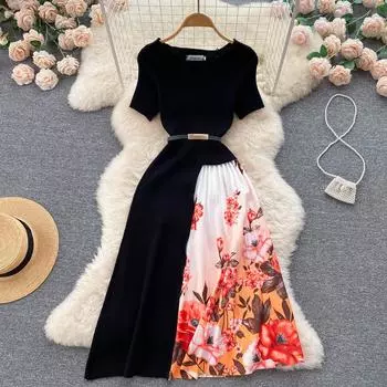 RUGOD 2022, летнее новое черное вязаное платье с вышивкой, новое женское шикарное темпераментное платье трапециевидной формы из двух частей с принтом