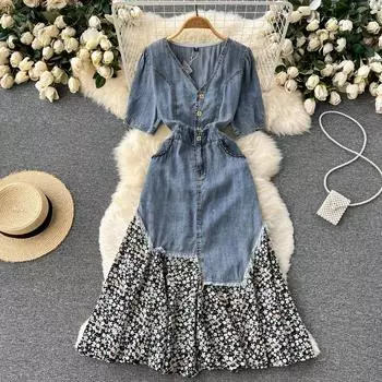 RUGOD 2022, летнее новое дизайнерское платье феи с нерегулярной нишей и цветочной строчкой, джинсовое платье феи с рюшами M синий