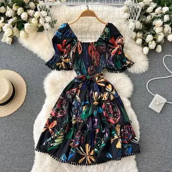 RUGOD 2022 летнее новое французское элитное ретро платье для перерыва на чай женское платье с короткими рукавами и квадратным воротником с высокой талией и принтом