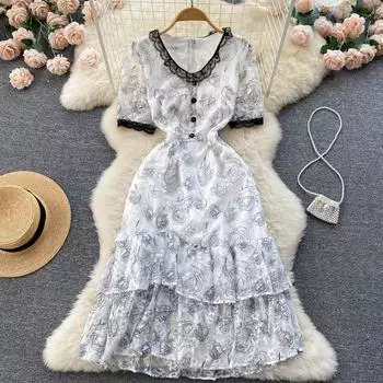 RUGOD 2022, летнее новое французское ретро-нишевое платье для перерыва на чай, розовое кружевное платье для торта, платье с v-образным вырезом, длинное платье с рыбьим хвостом