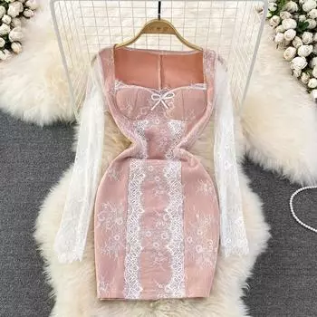 RUGOD 2022 летнее новое корейское ретро сексуальное темпераментное кружевное короткое платье с квадратным вырезом и длинными рукавами