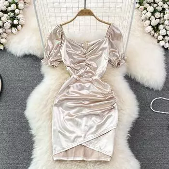 RUGOD 2022, летнее новое легкое роскошное женское стильное платье из высококачественного ацетатного атласа с квадратным воротником, тонкое облегающее платье на бедрах