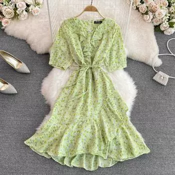 RUGOD 2022 летнее новое маленькое свежее шифоновое платье First Love с пышными рукавами и v-образным вырезом на талии и цветочным принтом One Size