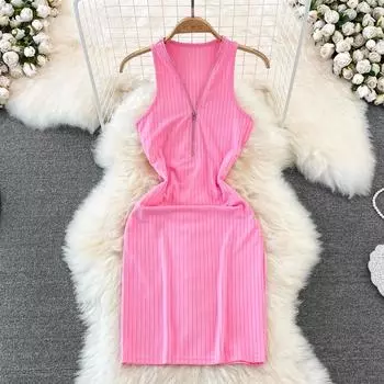 RUGOD 2022, летнее новое модное сексуальное облегающее и тонкое эластичное короткое платье без рукавов на молнии с v-образным вырезом