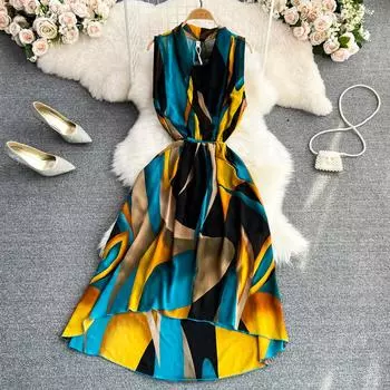 RUGOD 2022 летнее новое модное темпераментное шифоновое платье с высокой талией и v-образным вырезом средней длины без рукавов неправильной формы S чёрный