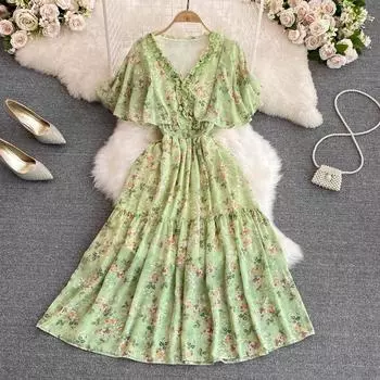 RUGOD 2022 летнее новое нежное стильное шифоновое платье с v-образным вырезом и талией, модное большое платье трапециевидной формы One Size бежевый