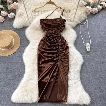RUGOD 2022, летнее новое обтягивающее стройнящее сексуальное плиссированное дизайнерское слинг-сумка, атласное платье средней длины с разрезом на бедрах