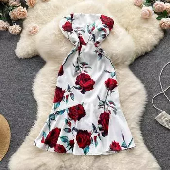 RUGOD 2022, летнее новое платье с веером богини, сладкий чайный перерыв, платье-топ с принтом розы, платье-топ с запахом на груди, юбка-рыбий хвост, длинное платье Tide