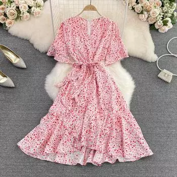 RUGOD 2022 летнее новое платье трапециевидной формы трапециевидной формы во французском стиле с v-образным вырезом на талии и листом лотоса, большое свободное платье с цветочным принтом, 2022 г.