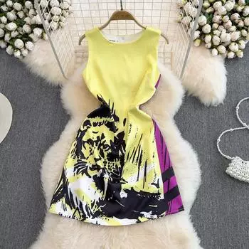 RUGOD 2022 летнее новое платье-жилет с круглым вырезом, модное тонкое короткое платье трапециевидной формы без рукавов с принтом