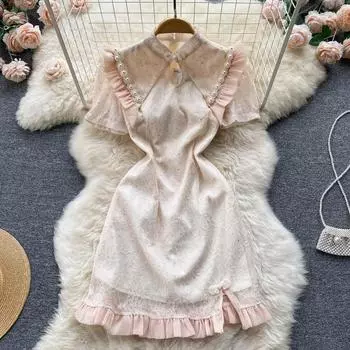 RUGOD 2022, летнее новое ретро платье с воротником-стойкой и пуговицами, дизайн, сексуальное женское платье Cheongsam, расшитое бисером, с разрезом на талии