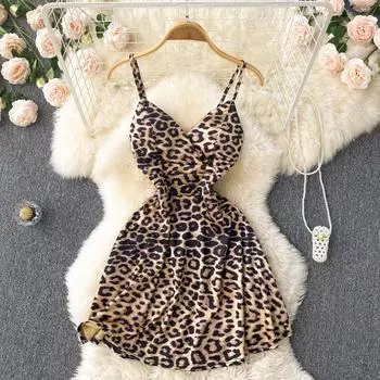 RUGOD 2022, летнее новое сексуальное платье на подтяжках без бретелек с тонкой талией Hyun Ya, модное короткое платье с леопардовым принтом S чёрный