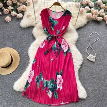 RUGOD 2022, летнее новое шифоновое платье в этническом стиле с принтом на талии, тонкое, без рукавов, свободное, плиссированное, темпераментное, шифоновое платье