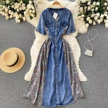 RUGOD 2022, летнее новое стильное джинсовое платье с принтом, женское длинное платье в французском западном стиле с v-образным вырезом