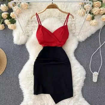 RUGOD 2022, летнее новое стильное контрастное цветное облегающее платье с v-образным вырезом и обтягивающей сумкой, сексуальное платье на подтяжках, женское платье нестандартной формы