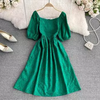 RUGOD 2022, летнее новое стильное модное свободное платье с квадратным вырезом и лямкой на талии, тонкими пышными рукавами и распашным платьем First Love a Word One Size синий