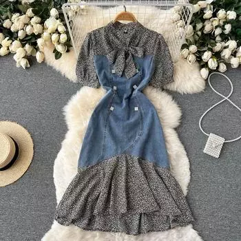 RUGOD 2022, летнее новое стильное облегающее джинсовое шифоновое платье с v-образным вырезом на талии и цветочным принтом, платье «рыбий хвост» M чёрный