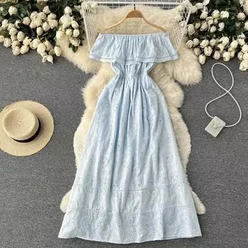 RUGOD 2022 летнее новое свободное праздничное платье Fairy Seaside, богемное длинное платье на одно плечо, модное платье на подтяжках One Size синий