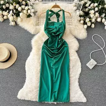 RUGOD 2022, летнее новое темпераментное атласное платье средней длины с подвесным вырезом и v-образным вырезом, облегающая сумка для похудения