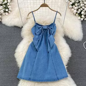 RUGOD 2022 летнее новое темпераментное возрастное платье с бантом и топом в стиле ретро, маленькое джинсовое платье трапециевидной формы на бретельках