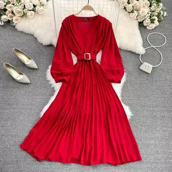 RUGOD 2022, летнее новое тонкое плиссированное платье с v-образным вырезом и талией, элегантное длинное платье трапециевидной формы с темпераментом, 2022 г. One Size чёрный