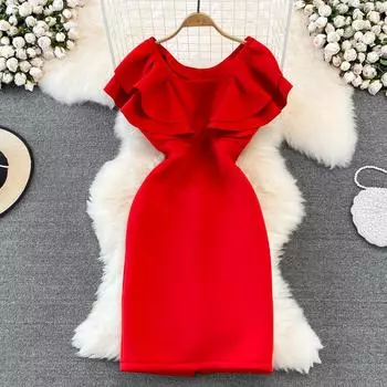 RUGOD 2022, летнее новое высококачественное платье с квадратным воротником и рукавами в виде листьев лотоса, облегающее платье с узкой сумкой и разрезом на бедрах One Size синий