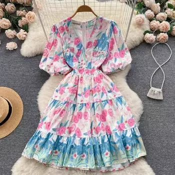 RUGOD 2022, летнее новое женское французское возрастное платье с пышными рукавами и v-образным вырезом на талии, утягивающее свежее кукольное платье с принтом