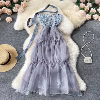 RUGOD 2022 летнее новое женское темпераментное платье без бретелек, женское тонкое жаккардовое платье в стиле ретро для пожилых людей, сетчатое платье длиной до колена S хаки