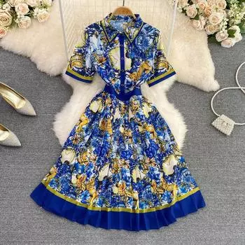 RUGOD 2022 летнее однобортное платье трапециевидной формы в стиле ретро с лацканами на талии и принтом в стиле ретро, большое свободное платье 2022 г.