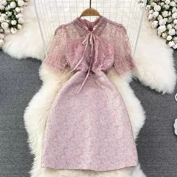 RUGOD 2022, летнее платье на бедрах в нежном стиле во французском стиле, тонкое кружевное платье с лацканами из бисера, посылка S розовый