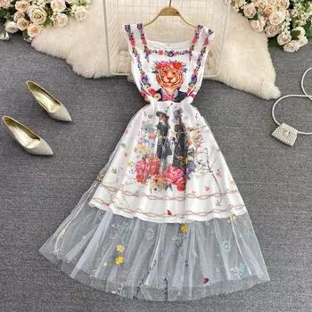 RUGOD 2022 летнее платье на подтяжках в европейском стиле, модное тонкое платье трапециевидной формы из сетки с принтом и строчкой