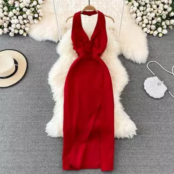 RUGOD 2022, летнее платье с v-образным вырезом, бретелькой на шее, открытой спиной, без рукавов, облегающее платье с разрезом и сумкой, модное приморское праздничное пляжное платье