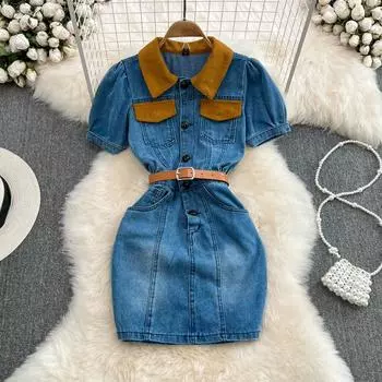 RUGOD 2022 летнее ретро платье-рубашка в гонконгском стиле с сексуальной талией, однобортное однобортное джинсовое платье с воротником-поло