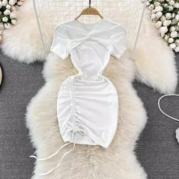 RUGOD 2022 летнее сексуальное облегающее плиссированное платье с v-образным вырезом и v-образным вырезом, облегающее короткое платье на бедрах с короткими рукавами One Size чёрный