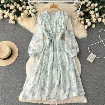 RUGOD 2022 летнее шифоновое платье с тонкой талией и пышными рукавами с v-образным вырезом и цветочным принтом «Сказочный лес», большое распашное платье S зелёный