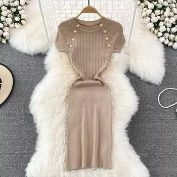 RUGOD 2022, летнее, темпераментное, богини, веер, металлическая пряжка, эластичное облегающее платье средней длины с круглым вырезом и короткими рукавами